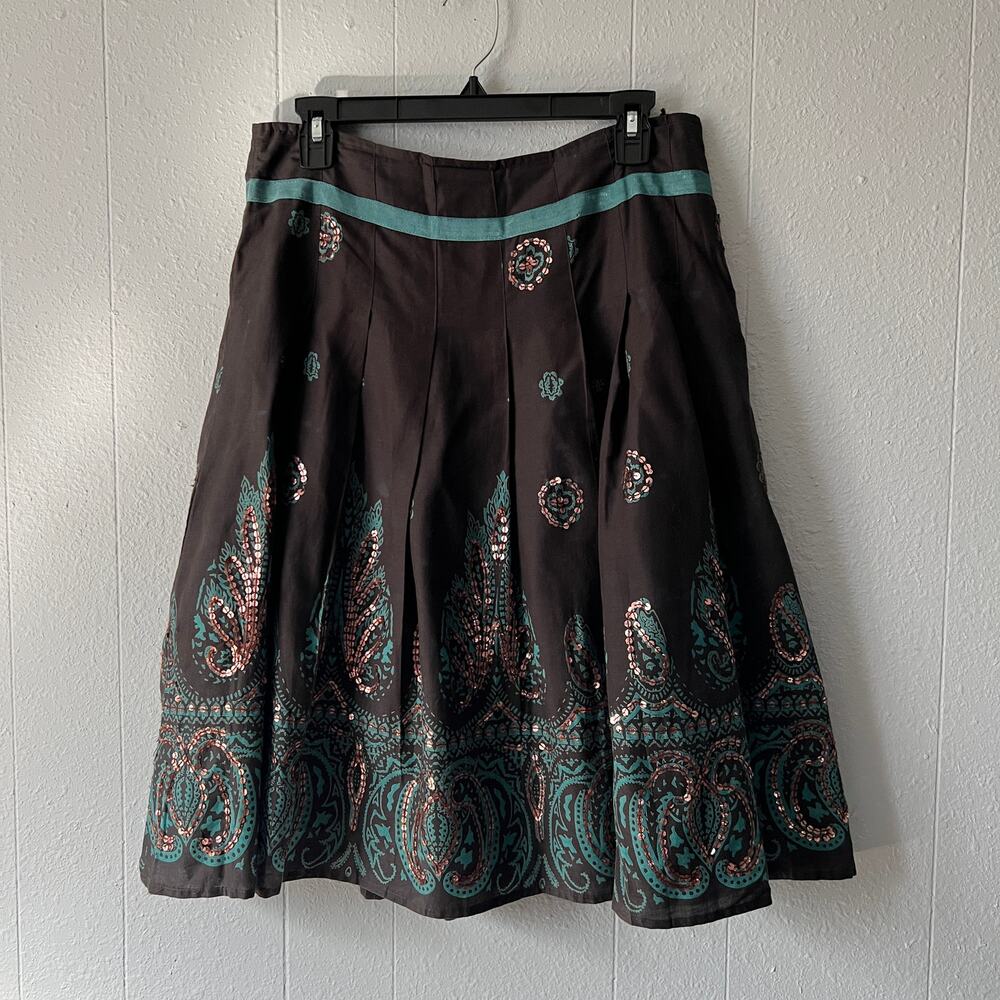 Black Midi Skirt with Teal Paisley Print